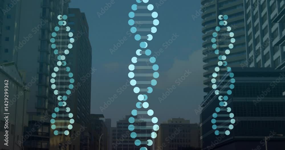 DNA helices being animated over downtown skyline, showcasing glass skyscrapers in flat design