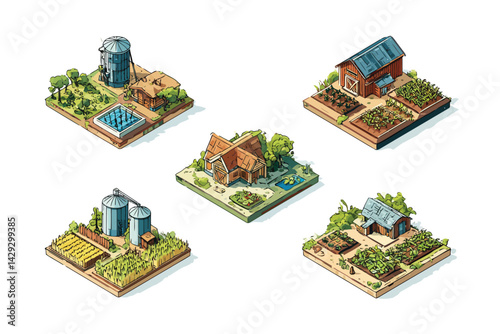 agriculture tiles collection isometric isolated