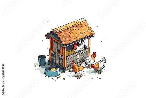 Chicken Coop with Hens and Feed isometric isolated
