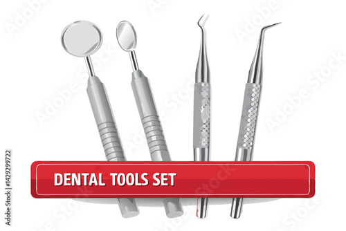 Create a vector illustration set of modern dental tools, meticulously detailed and labeled, suitable for infographics or educational materials.  Include various instruments.
