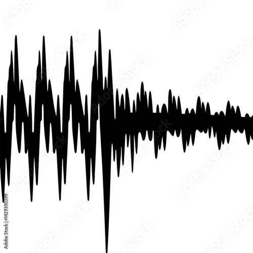 A sound wave design in black and white, depicting sharp peaks and valleys, symbolizing energy, rhythm, and music in a dynamic visual representation