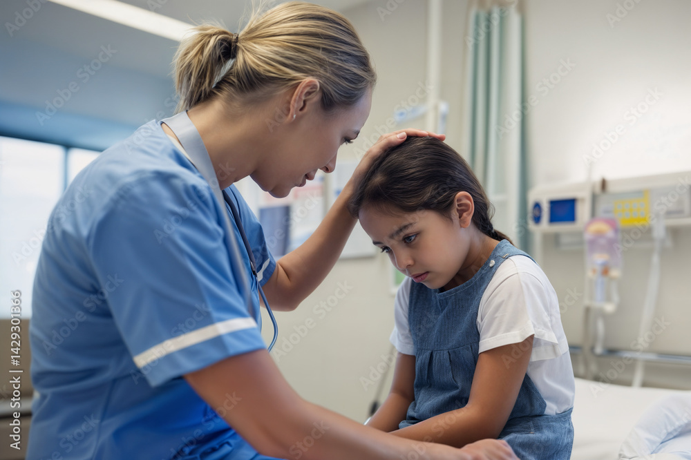 In the image, a nurse wearing a blue uniform is consoling a young girl in a hospital setting