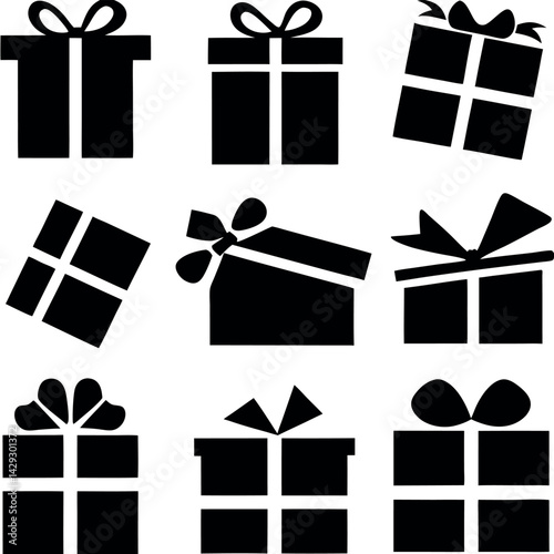 Set of black and white icons depicting multiple wrapped gift boxes with decorative bows, ideal for holiday, birthday, and special occasion designs