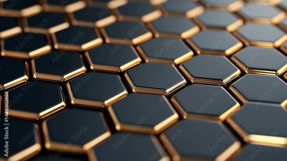 Close up of Shiny Gold and Black Hexagonal Pattern Creating Modern, Luxurious, and Futuristic Design Close up of Shiny Gold and Black Hexagonal Pattern Creating Modern, Luxurious, and Futuristic Design