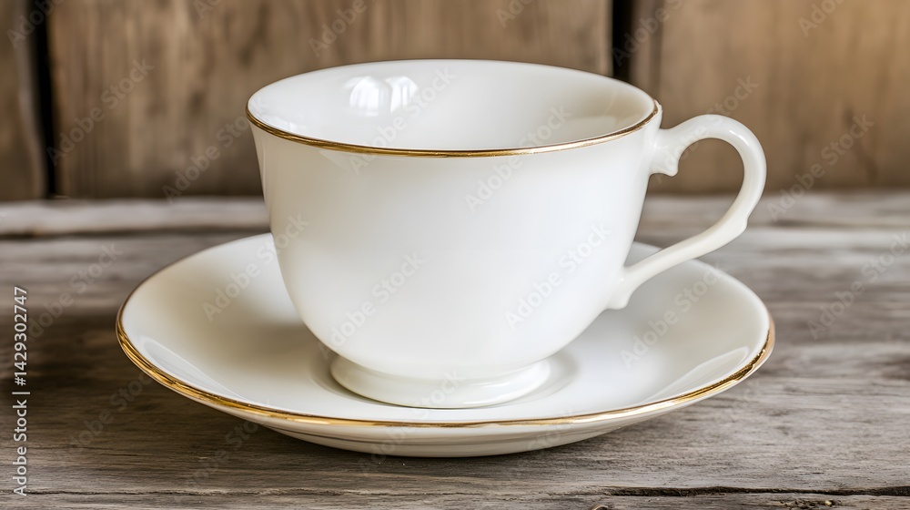 Elegant White Teacup and Saucer on Rustic Wood Elegant White Teacup and Saucer on Rustic Wood