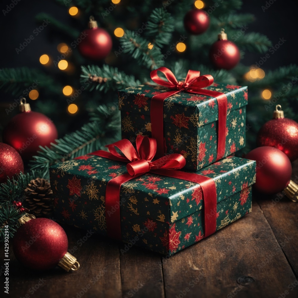 Festive Stacked Christmas Gift Boxes with Red Ornaments and Ribbon Bows Under a Pine Tree Festive Stacked Christmas Gift Boxes with Red Ornaments and Ribbon Bows Under a Pine Tree