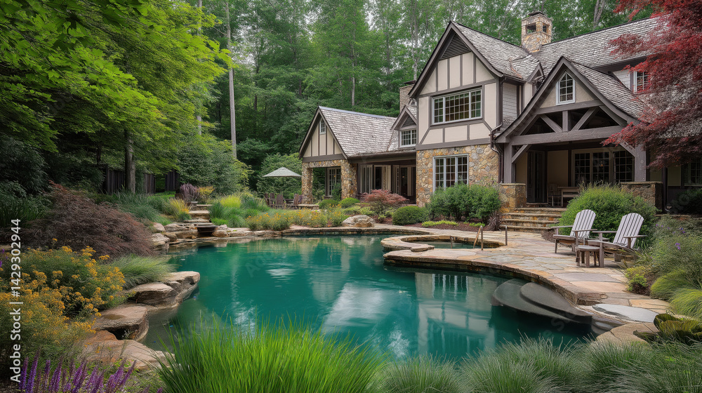 Obraz premium Charming tudor-style home with serene pool surrounded by lush greenery and stone pathway