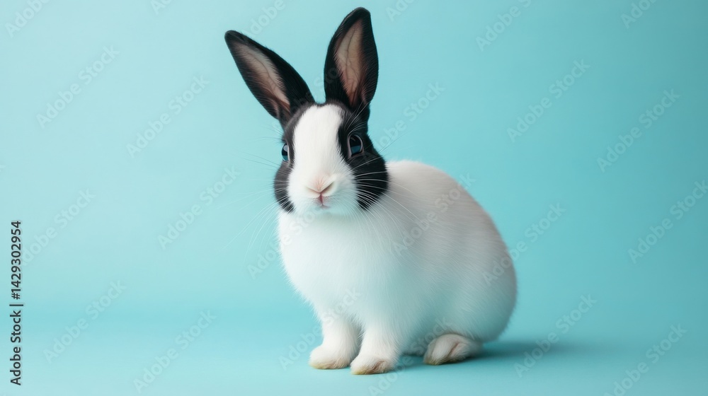 Obraz premium Adorable black-and-white rabbit, sitting calmly on a pastel blue minimalist background