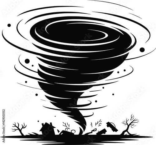 Tornado Storm Silhouette Vector Illustration, Powerful Twister Disaster Silhouette Art.