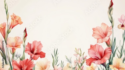 red watercolor flowers on white backdrop. painting flowers background. illustration floral nature. gladiolus flower wallpaper for greeting cards weddings or birthdays. Copy space. space for text