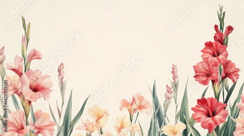red watercolor flowers on white backdrop. painting flowers background. illustration floral nature. gladiolus flower wallpaper for greeting cards weddings or birthdays. Copy space. space for text