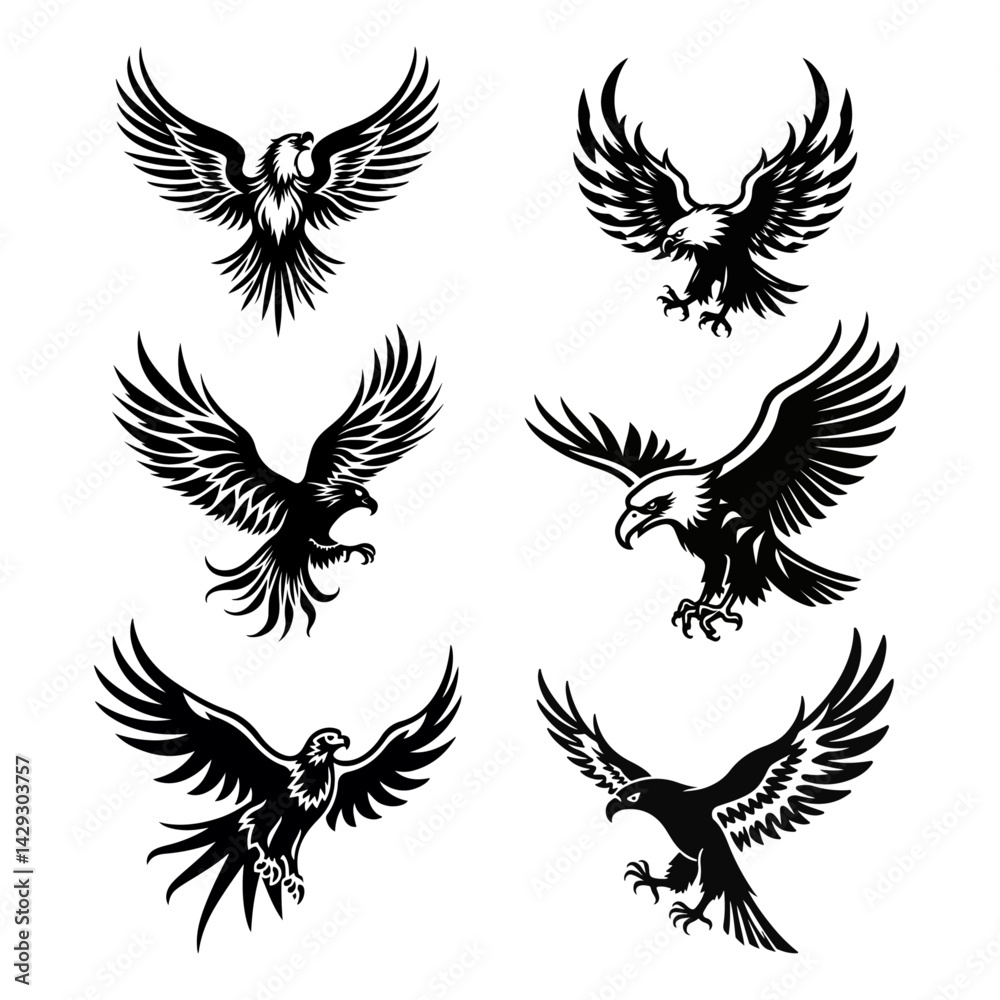 Vector illustration set: silhouette of bird and angel wings, a design with feather details for tattoo or art Vector illustration set: silhouette of bird and angel wings, a design with feather details for tattoo or art