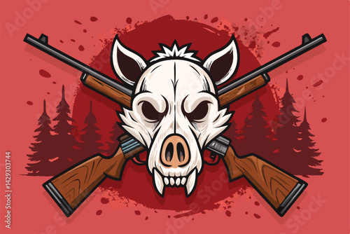 Stylized illustration of a wild boar skull, intricately detailed, flanked by two crossed hunting rifles, dark background, dramatic lighting.
