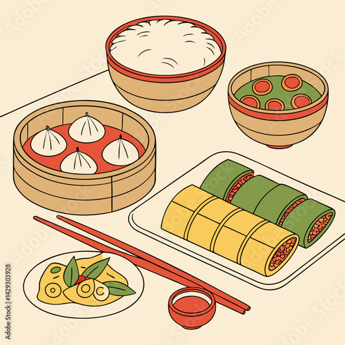vector illustration of traditional asian dinner