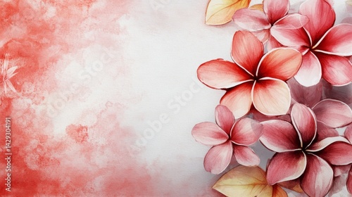 Fototapeta Naklejka Na Ścianę i Meble -  red watercolor plumeria on red backdrop. painting flower background. illustration floral nature. Anemone flower wallpaper for greeting cards weddings or birthdays. Copy space. space for text