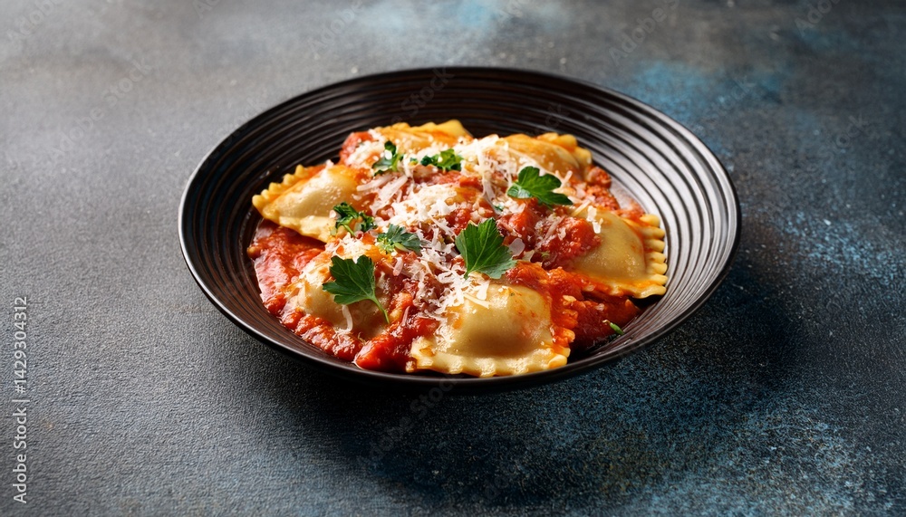 delicious ravioli with parmesan and parsley resting in tomato sauce delicious ravioli with parmesan and parsley resting in tomato sauce