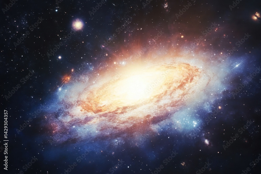 Fototapeta premium Vibrant spiral galaxy illuminated by bright core and surrounded by distant celestial bodies