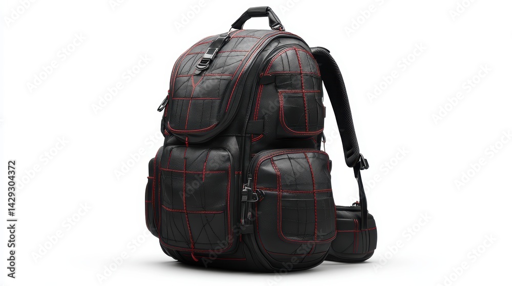 Naklejka premium Graphically designed black travel backpack with modern patterns, multiple compartments, and a sturdy handle, isolate on white background