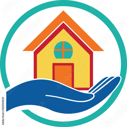 Colorful logo design, stylized house icon home care concept, Caring Hand Holding House Rainbow Shelter
