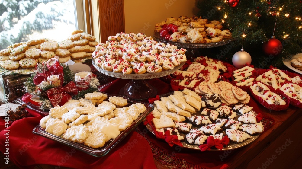 Fototapeta premium A festive display of Christmas cookies, adorned with festive decorations and various toppings.