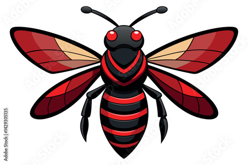 A wasp in a stylized design with bold red and black striped body, dynamic wings, and sleek insect features