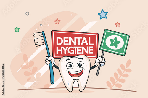 Friendly cartoon tooth mascot holding a sign, providing dental hygiene tips; cheerful, educational illustration.