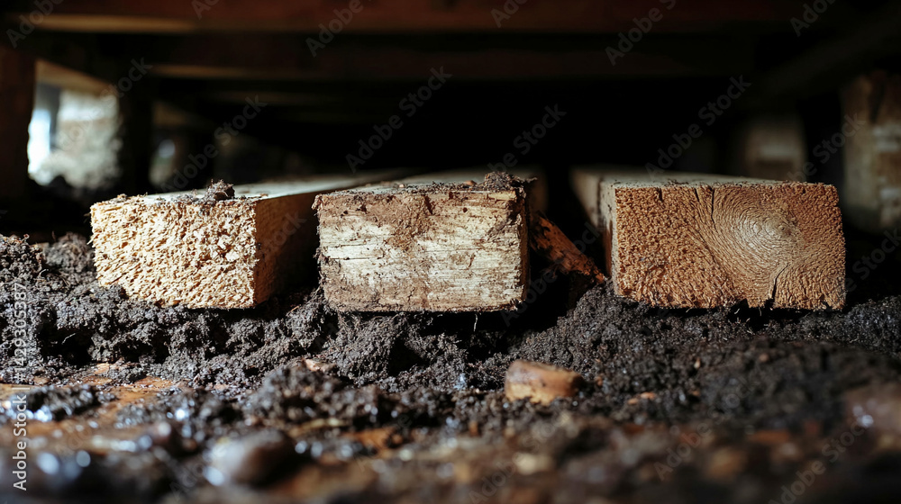 Dimly lit crawl space with exposed wooden beams and uneven soil, symbolizing hidden structural problems, foundation instability, and the unseen risks beneath the surface of a home.