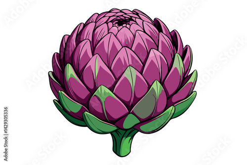 vibrant purple artichoke with rich green leaves, showcasing a bold and vivid design of the vegetable