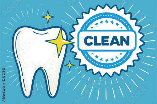 Create a vector illustration of a single, healthy tooth gleaming with a sparkling shine,  featuring a clean, clear "clean" stamp.