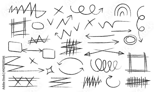 Set of hand-drawn doodle arrows and sketch elements in black on white background, playful abstract arrow collection with curls, loops, zigzags, swirls, and geometric shapes