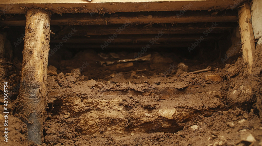 Dimly lit crawl space with exposed wooden beams and uneven soil, symbolizing hidden structural problems, foundation instability, and the unseen risks beneath the surface of a home.