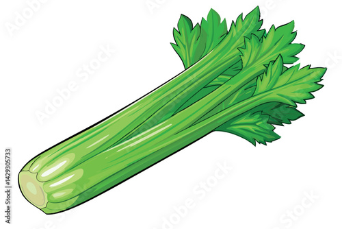 Hyperrealistic digital artwork of celery stalks with detailed shading, realistic highlights, and lifelike green leaves against a white background