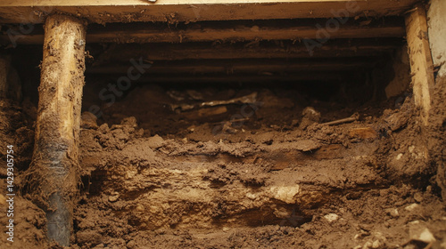 Obraz na płótnie Dimly lit crawl space with exposed wooden beams and uneven soil, symbolizing hidden structural problems, foundation instability, and the unseen risks beneath the surface of a home.
w salonie