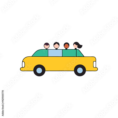 Group of people riding in a yellow car vector illustration