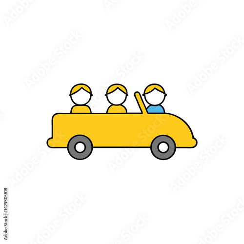 Happy people enjoying a ride in a yellow car vector illustration
