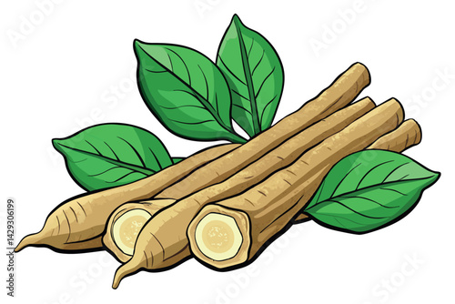 ginseng roots with smooth surfaces and detailed leaf accents, perfect for health and herbal medicine themes