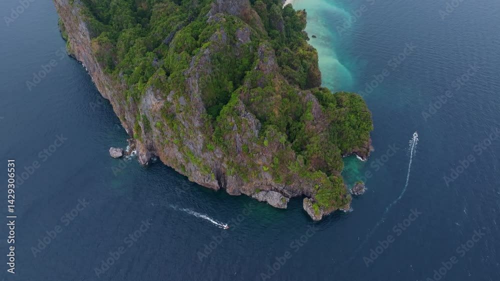 Scenic view of Ko Phi Phi Don and limestone peaks, Thailand. Aerial drone video