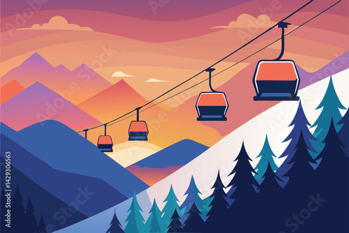 A vibrant retro mountain landscape with a chairlift on a ski resort surrounded by pine trees and scenic snow covered peaks