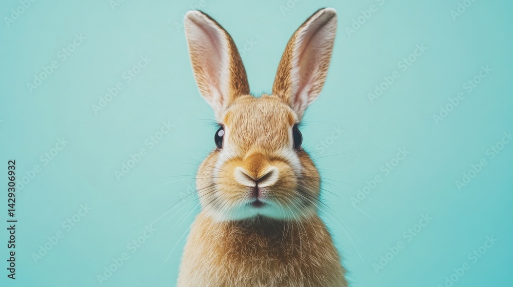 Obraz premium Adorable brown rabbit with gentle whiskers, centered on a light turquoise minimalist background