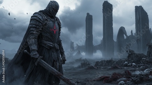 A mysterious knight stands in a ruined landscape, with a sword in hand, exuding strength and power