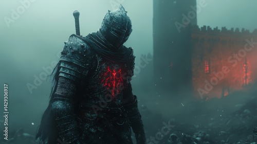A solitary knight stands amidst a desolate battlefield, his armor worn and weathered. The mist hangs heavy in the air, shrouding the scene in an ethereal glow.