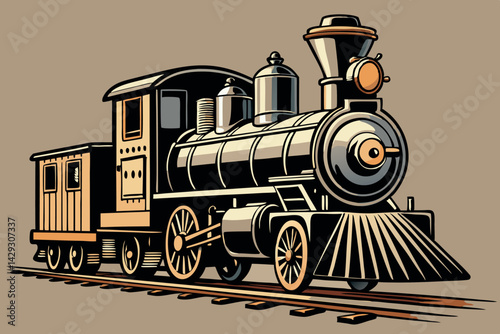 Classic steam train vector art with detailed engine design, featuring a detailed front view of an old fashioned locomotive on tracks