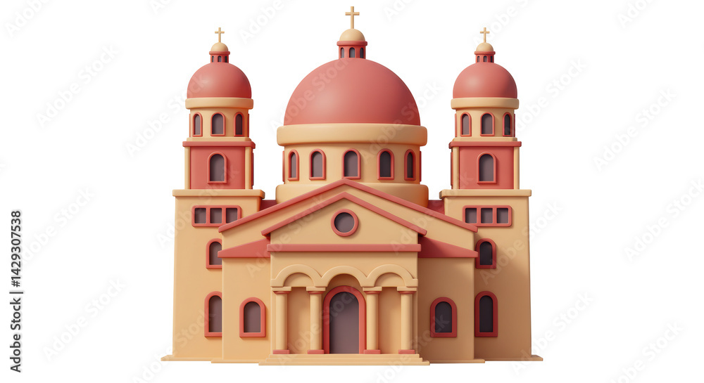 Isolated 3D Cartoon Cathedral with Pink and Beige Facade Isolated 3D Cartoon Cathedral with Pink and Beige Facade