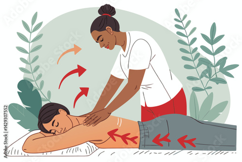 Create a vector illustration showing a back massage therapy session, highlighting pressure points with arrows and numbered annotations.  Focus on anatomical accuracy.