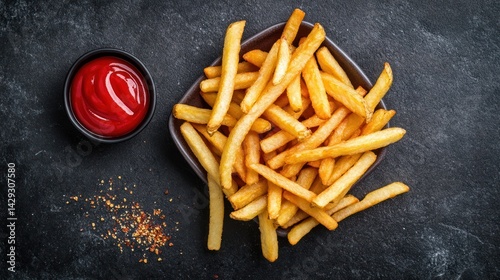 Crispy french fries, ketchup, spices; overhead shot, food photography, menu use