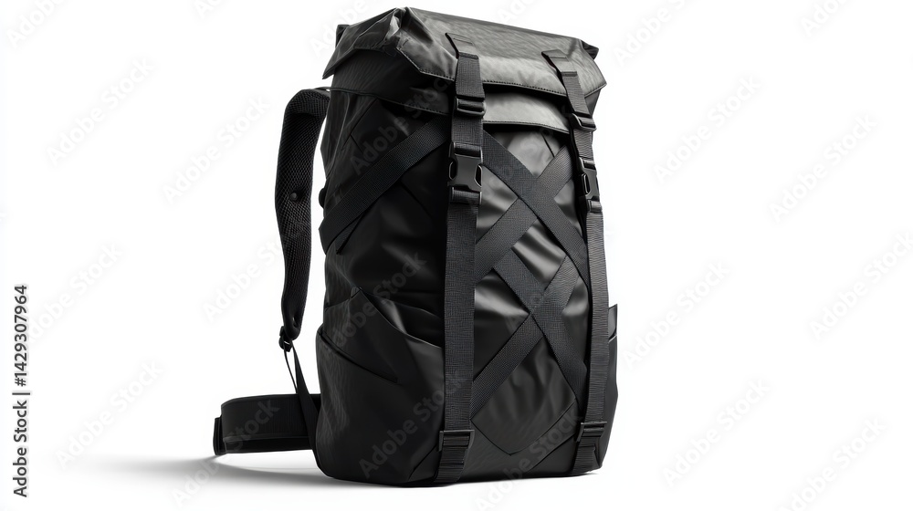 Naklejka premium Graphic black backpack with sharp triangular designs, adjustable padded straps, and spacious compartments, isolate on white background