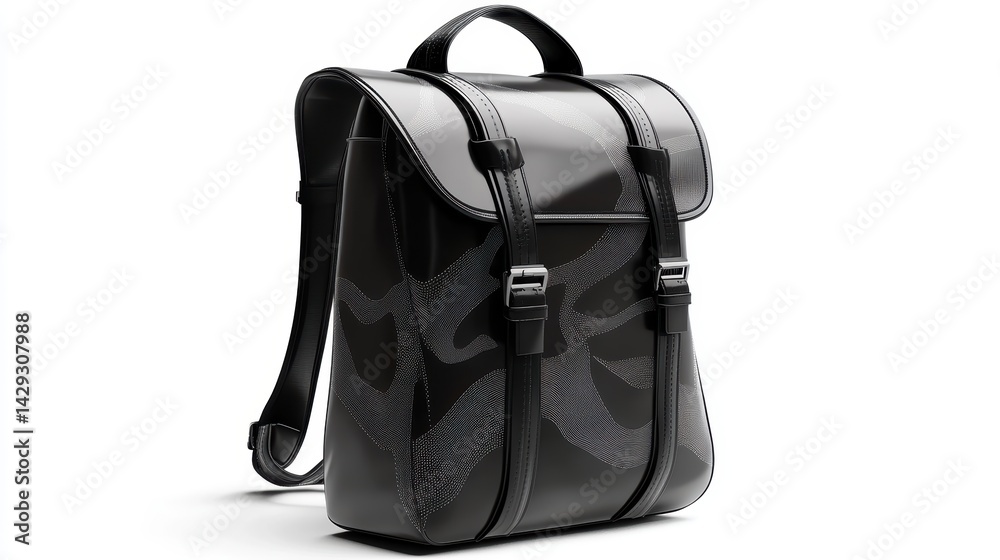 Fototapeta premium Contemporary black backpack with abstract digital graphic designs, smooth finish, and reflective accents, isolate on white background