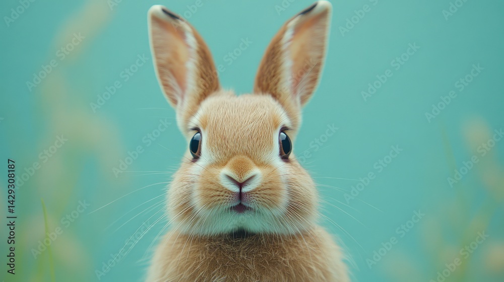 Obraz premium Adorable brown rabbit with gentle whiskers, centered on a light turquoise minimalist background