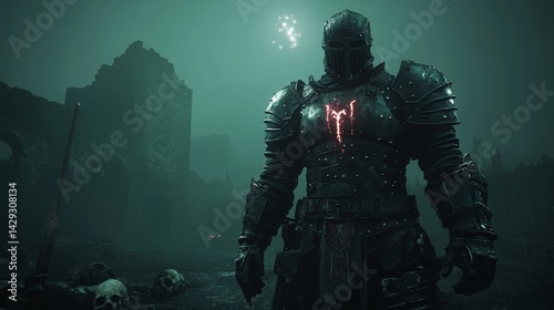 A Knight in full armor, shrouded in a dark, mysterious atmosphere. The knight is standing in front of a gothic, old castle background.