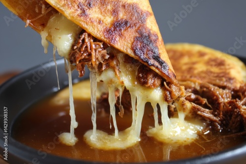 Cheesy birria tacos dipped in rich consommé with fresh cilantro topping
